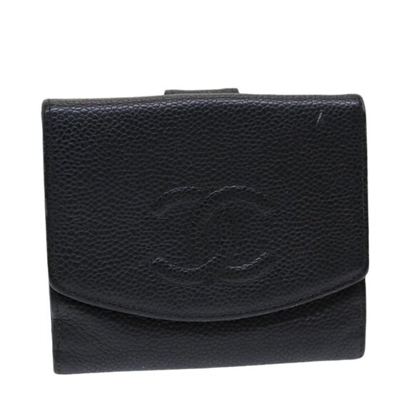 CHANEL COCO Mark Wallet Caviar Skin Black Gold CC Auth - Picture 2 of 16